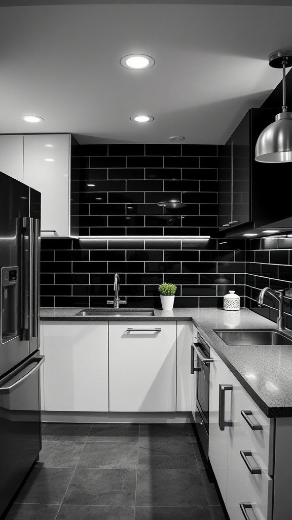 Modern black and white kitchen with stainless steel appliances