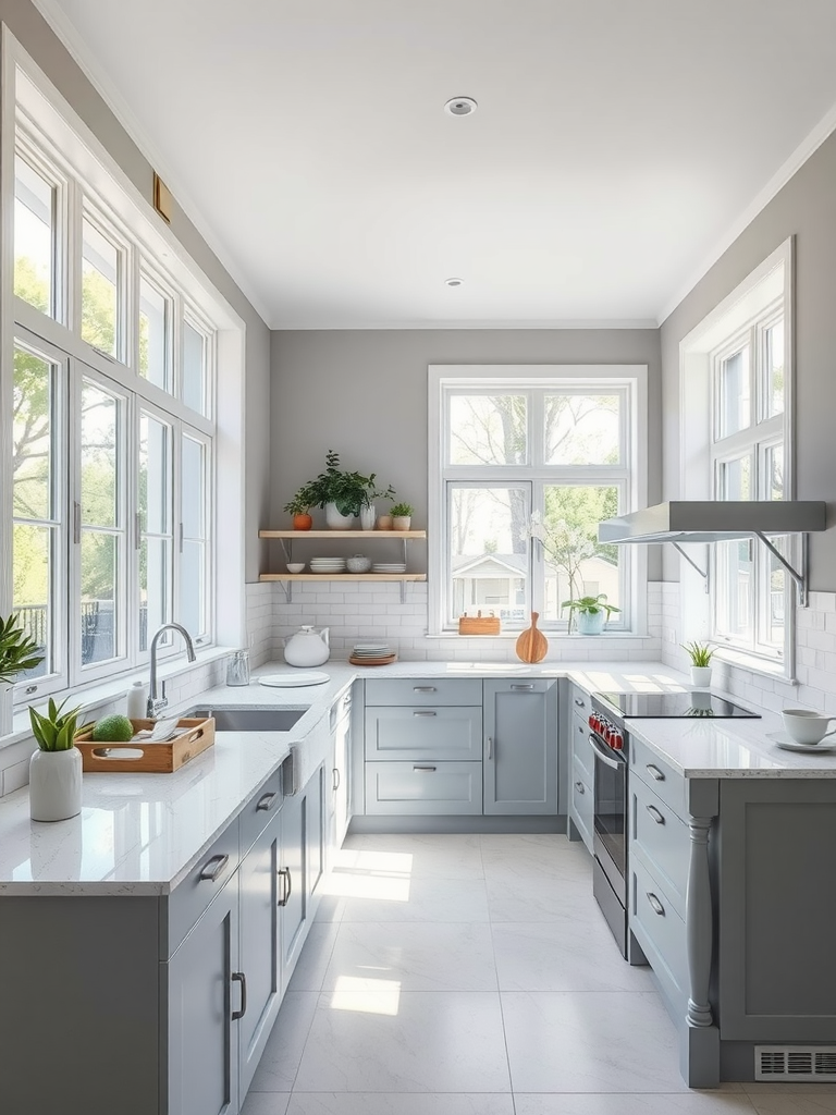 A modern grey and white kitchen with wooden accents, featuring bright natural light and plants.