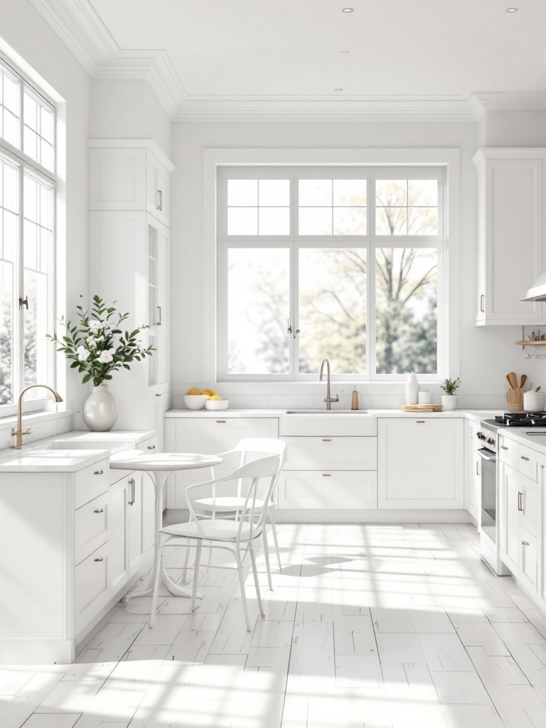 A bright and airy white kitchen with natural light, featuring a simple dining table and green plants.