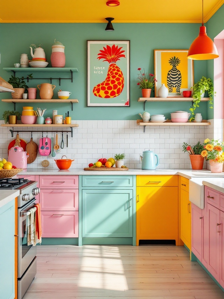 A colorful kitchen featuring pink, blue, and yellow cabinets, vibrant artwork, and decorative plants.