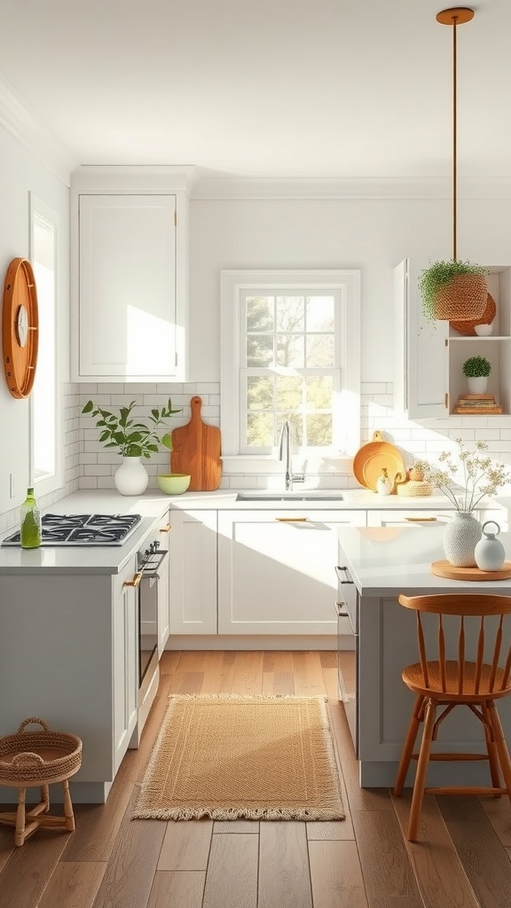 Bright white kitchen with earthy tones and natural wood accents