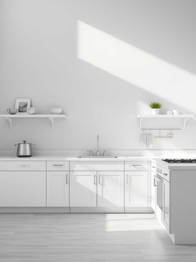 Modern grey and white kitchen with bright white fixtures and natural light