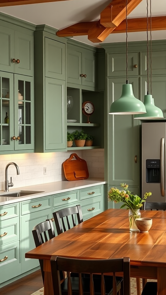 A kitchen with sage green light fixtures, wooden cabinets, and a rustic dining table.