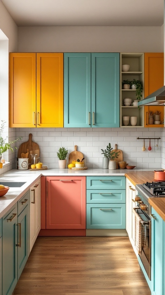 A kitchen with brightly painted cabinets in yellow, teal, and coral, featuring plants and modern decor.