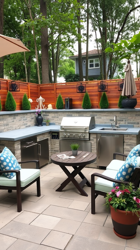 An outdoor kitchen featuring built-in seating, modern appliances, and decorative plants.