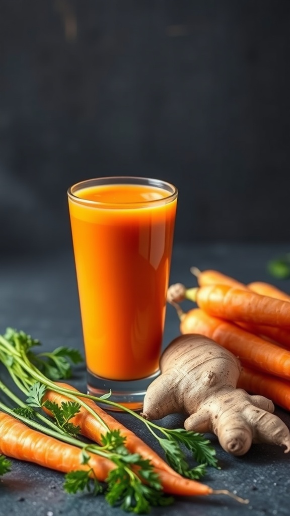 A glass of bright orange carrot ginger juice with fresh carrots and ginger on the side.