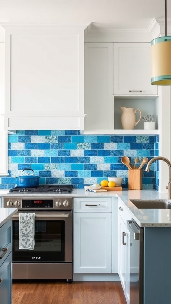 A kitchen featuring a cerulean patchwork backsplash with shades of blue, a white oven, and wooden cabinets.