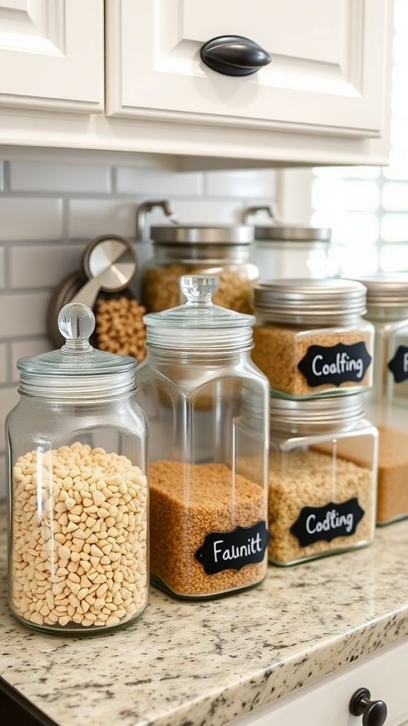 Organized kitchen counter with jars labeled using chalkboard labels