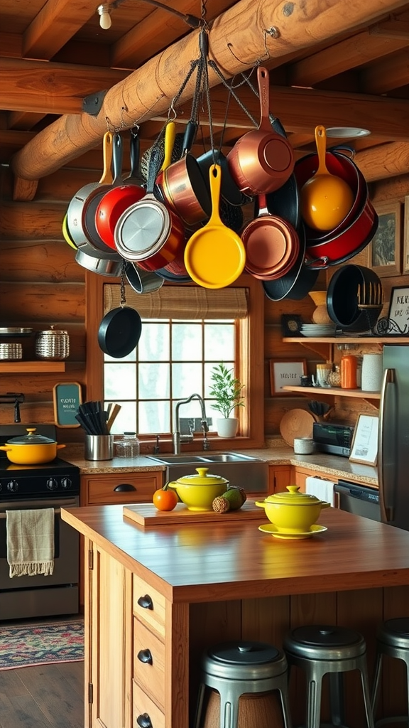 A log cabin kitchen featuring a hanging cookware display with colorful pots and pans, wooden cabinetry, and a cozy atmosphere.