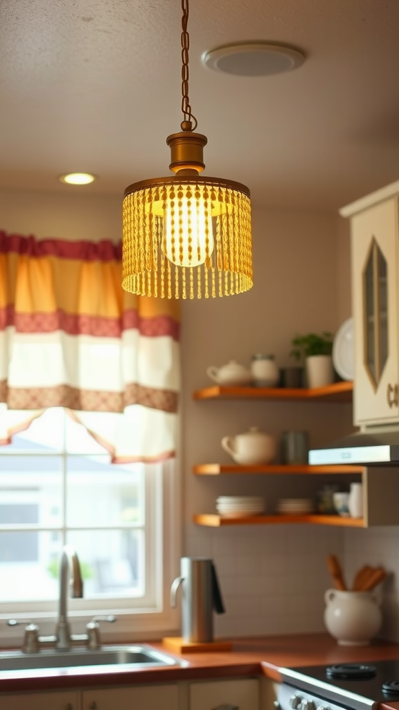 A vintage 1950s kitchen with charming beaded light fixtures illuminating the space.