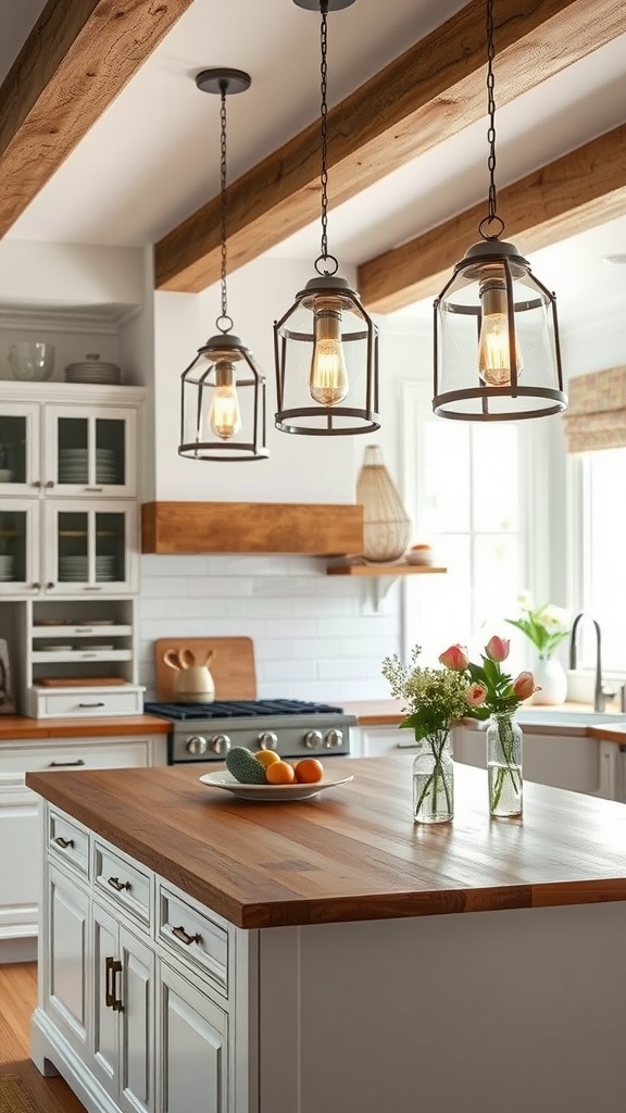 Cottage style kitchen with three pendant lights hanging over a wooden island.