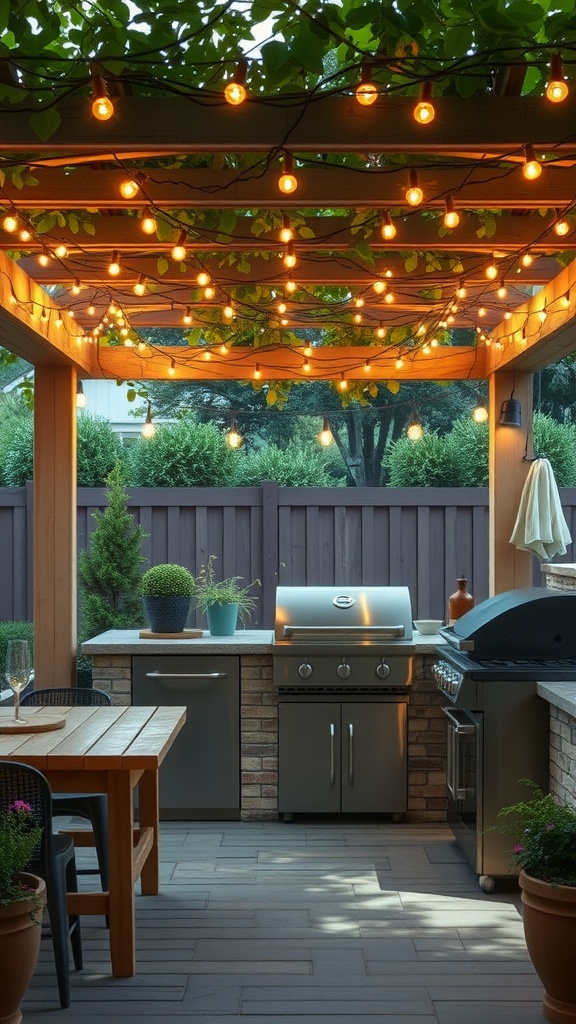 Outdoor kitchen under a wooden pergola with string lights and modern appliances.