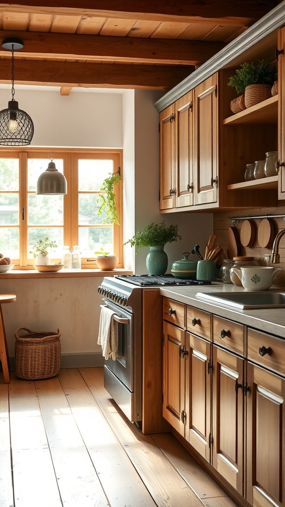 Rustic kitchen with wooden cabinetry and natural light