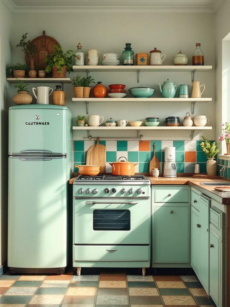 A charming vintage kitchen featuring mint green appliances, retro decor, and colorful dishware.