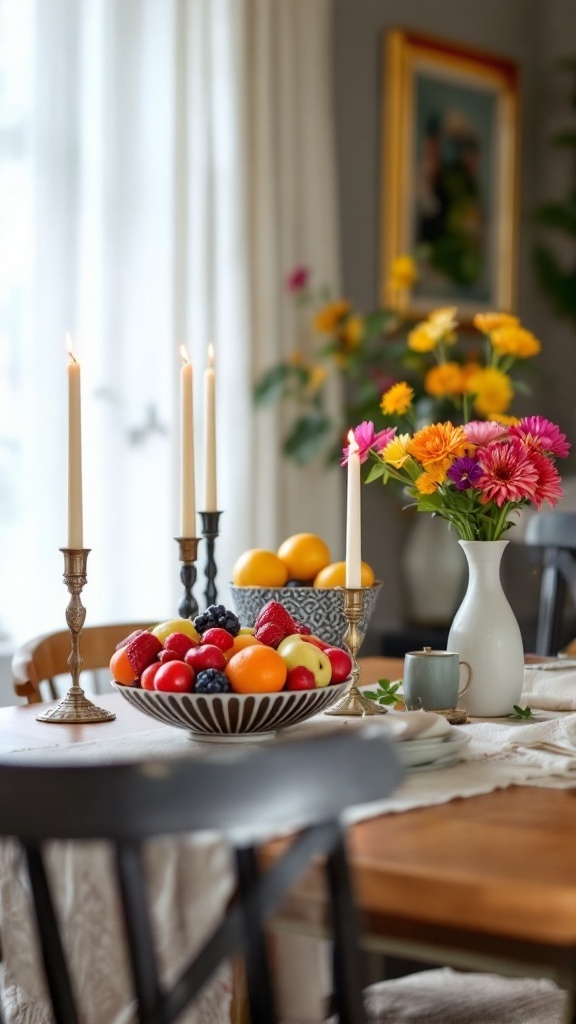 A cheerful kitchen table centerpiece featuring a bowl of fresh fruits, lit candles, and a vase of colorful flowers.