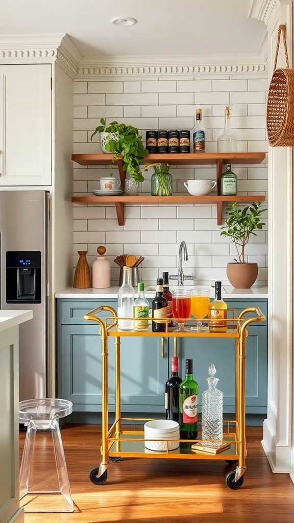 A stylish gold bar cart filled with various bottles and glassware in a modern kitchen setting.