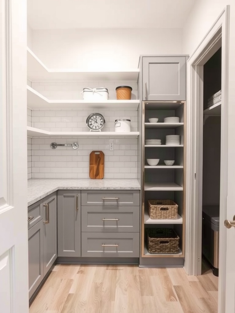 Modern grey and white pantry with open shelves and stylish storage