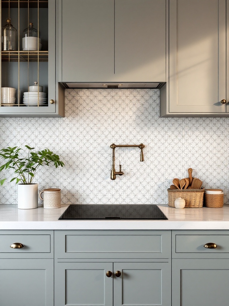 A stylish kitchen featuring a patterned tile backsplash, grey cabinets, and modern fixtures.