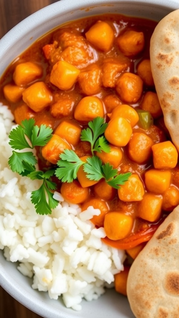 Chickpea curry served with rice and naan