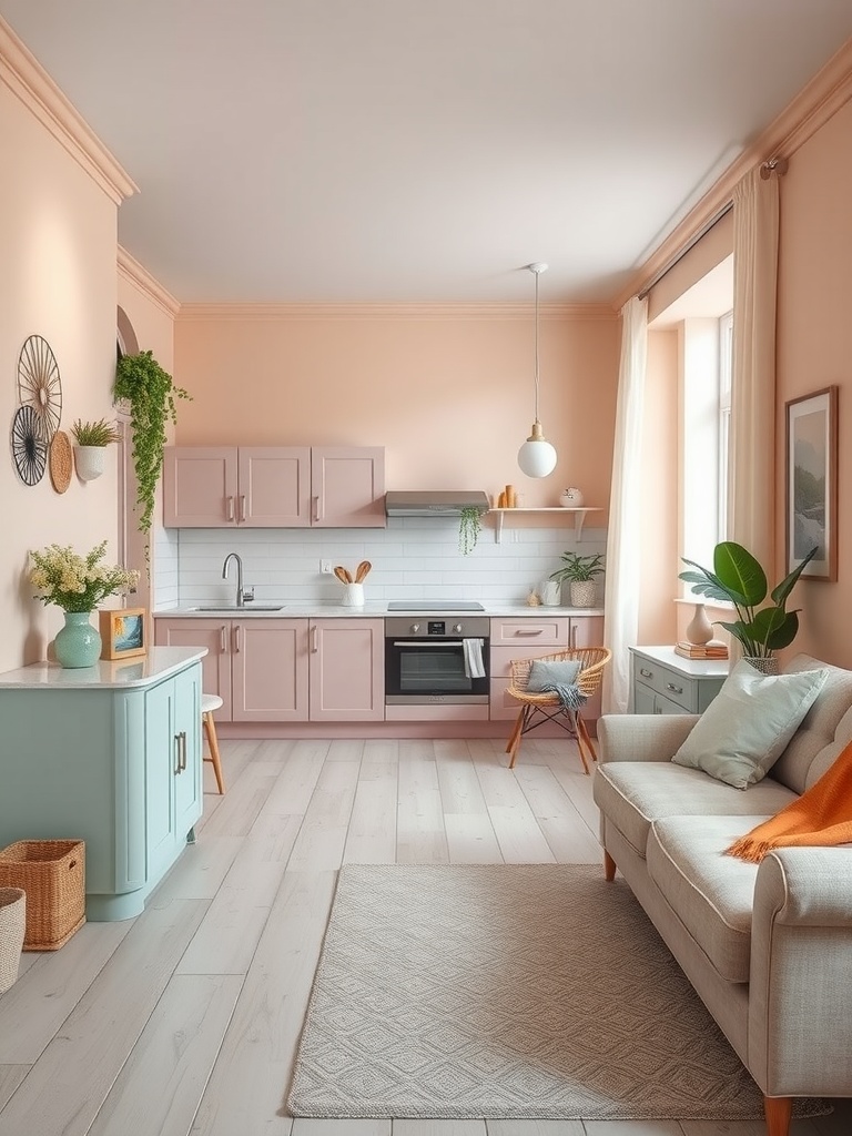 Small open concept kitchen and living room with a pastel color palette.