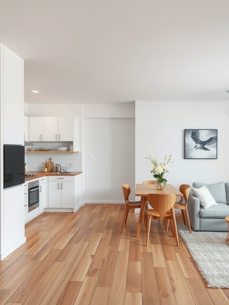 A small open concept kitchen and living room with wooden flooring, white cabinets, and light furniture.