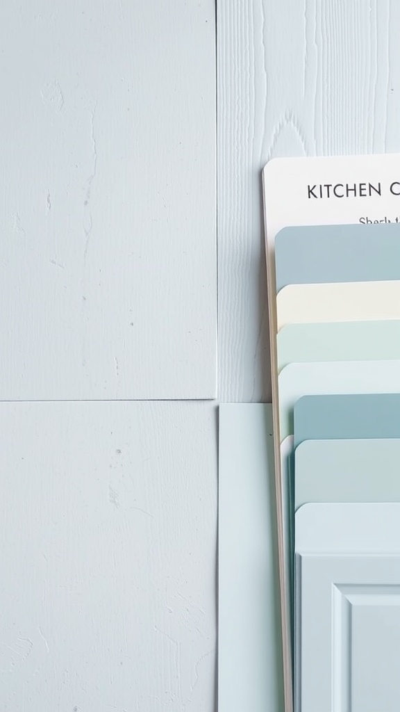 A selection of light blue paint samples for kitchen cabinets arranged on a wooden surface.