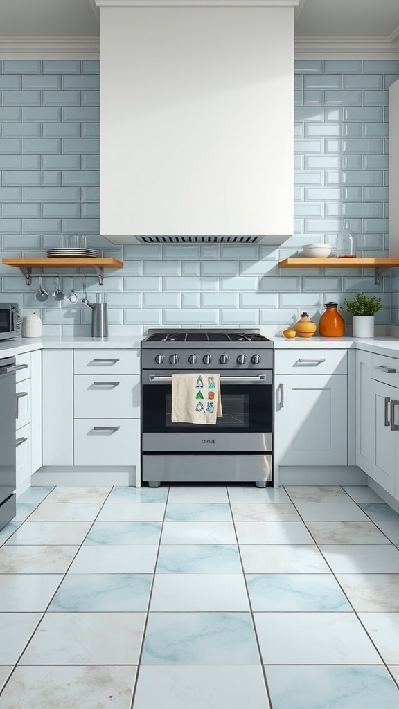 A modern kitchen featuring a light blue backsplash with white cabinets and stainless steel appliances.