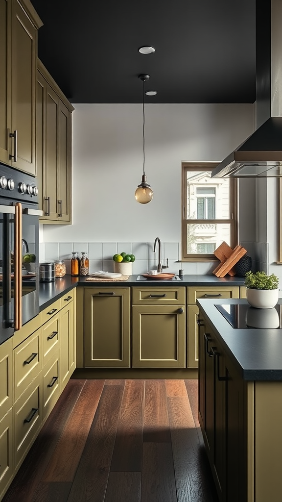 Color swatches of olive green paint options displayed on a wall above black kitchen cabinets.