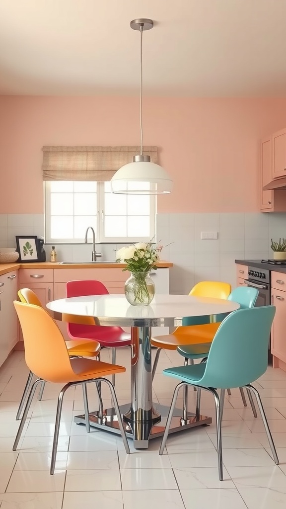 A stylish 1950s kitchen featuring a chrome accented dining table surrounded by colorful chairs.