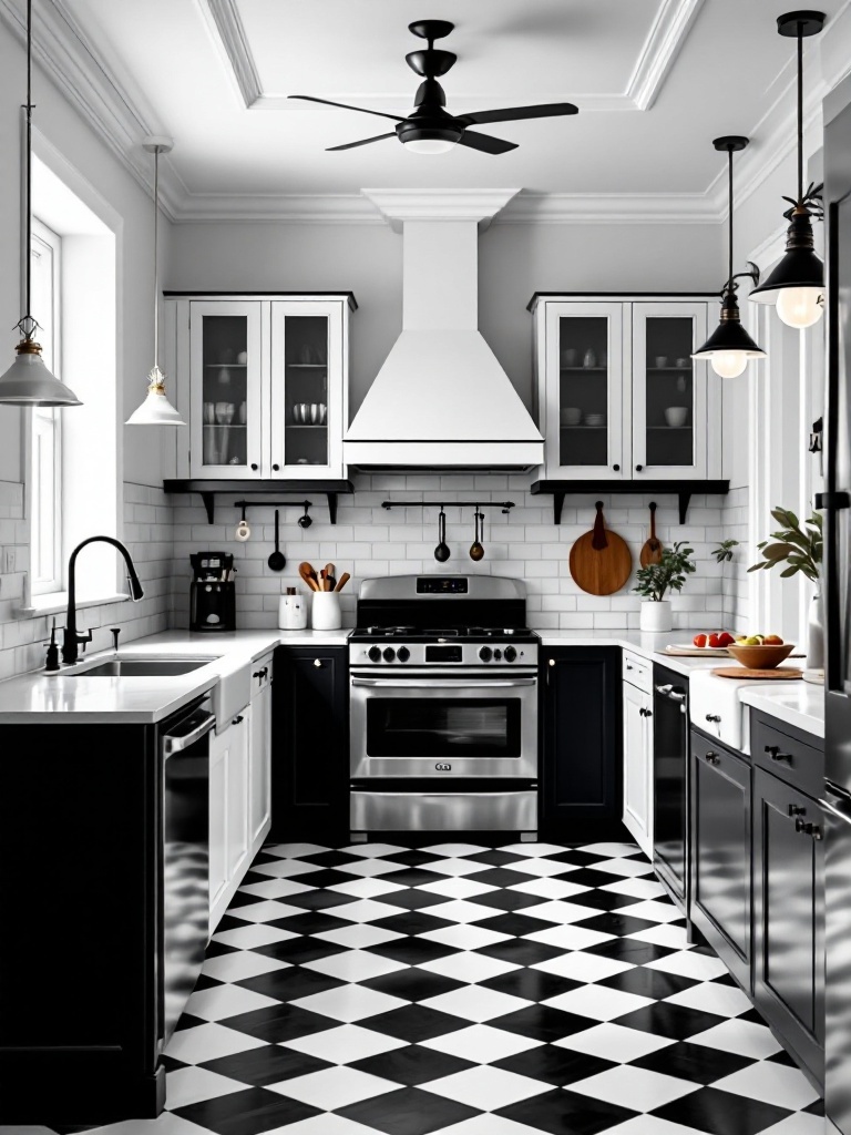 Stylish black and white kitchen with checkerboard floor, sleek cabinets, and modern appliances