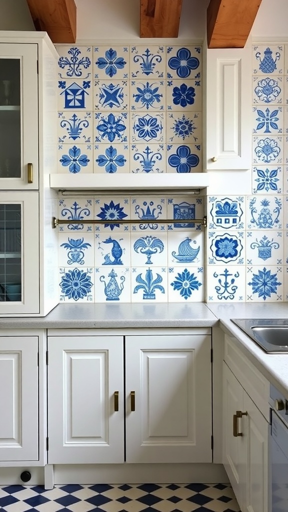 Kitchen backsplash featuring classic blue and white Delft tiles, with white cabinets and wooden beams.