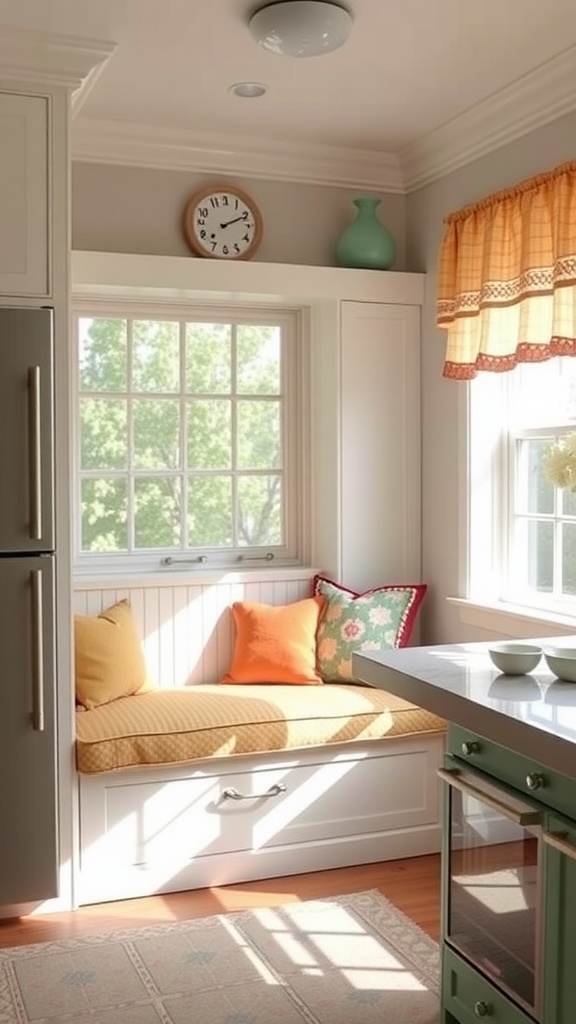 Cozy breakfast nook with built-in seating and colorful cushions in a vintage kitchen setting.