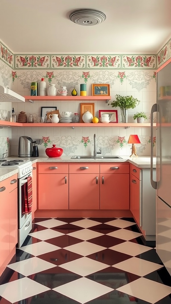 A 1950s style kitchen featuring checkerboard flooring, pink cabinets, and decorative wall accents.