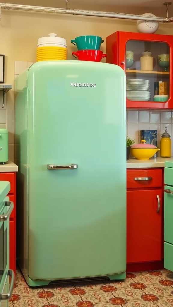 A classic mint green Frigidaire refrigerator in a vintage 1950s kitchen setting.