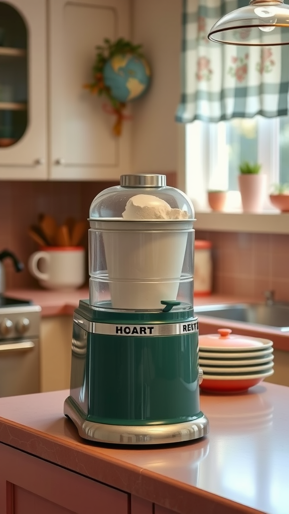 A classic orange ice cream maker on a kitchen counter, surrounded by vintage kitchenware.