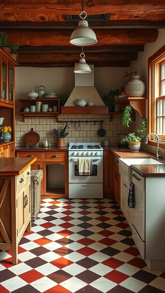 A cozy cottage style kitchen featuring classic tile flooring in a red, white, and black diamond pattern.