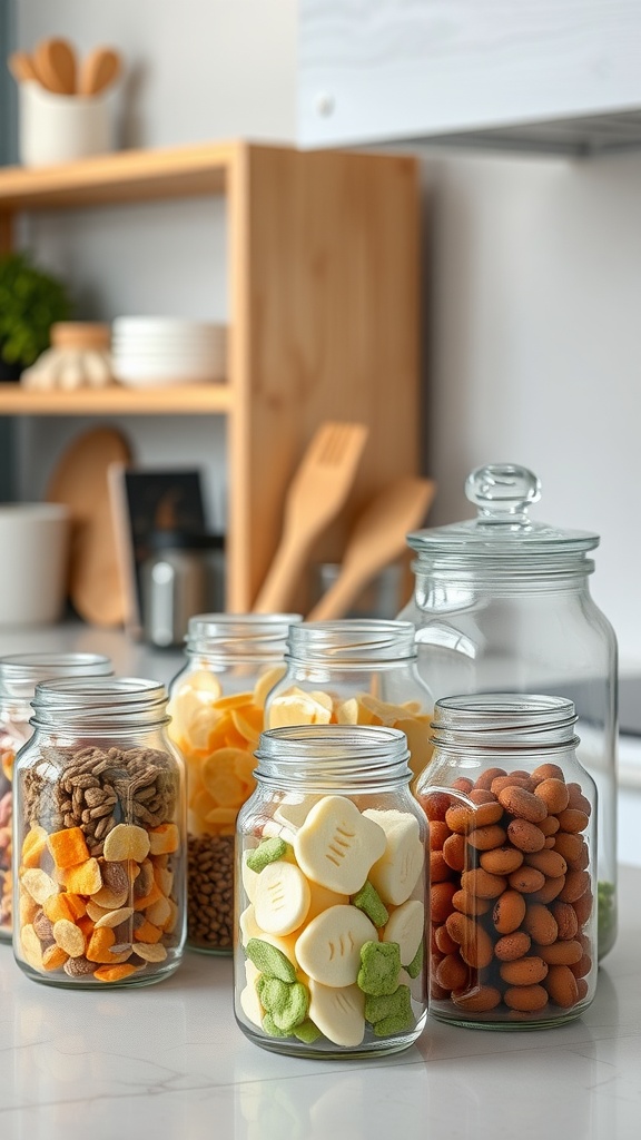 A collection of clear glass jars filled with various snacks and ingredients on a kitchen counter.