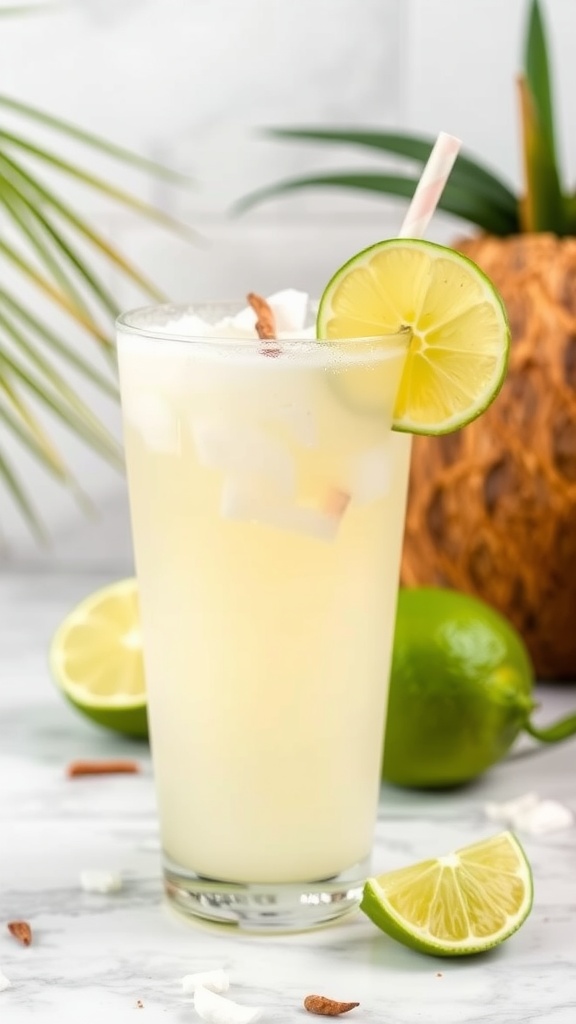 A refreshing Coconut Lime Cooler served in a tall glass with lime slices and coconut garnishes.