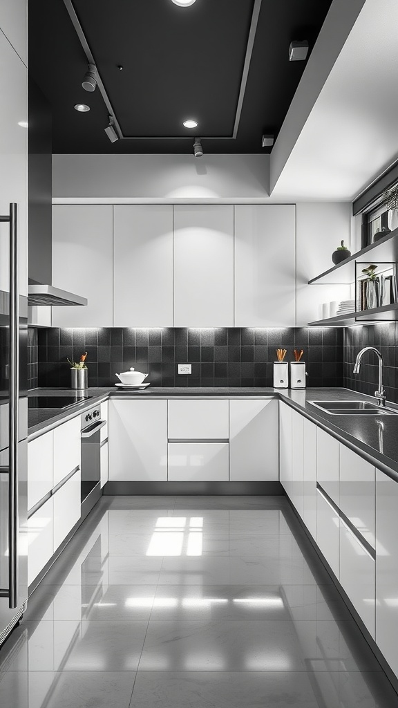 Modern black and white kitchen with glossy cabinets and dark tiled backsplash