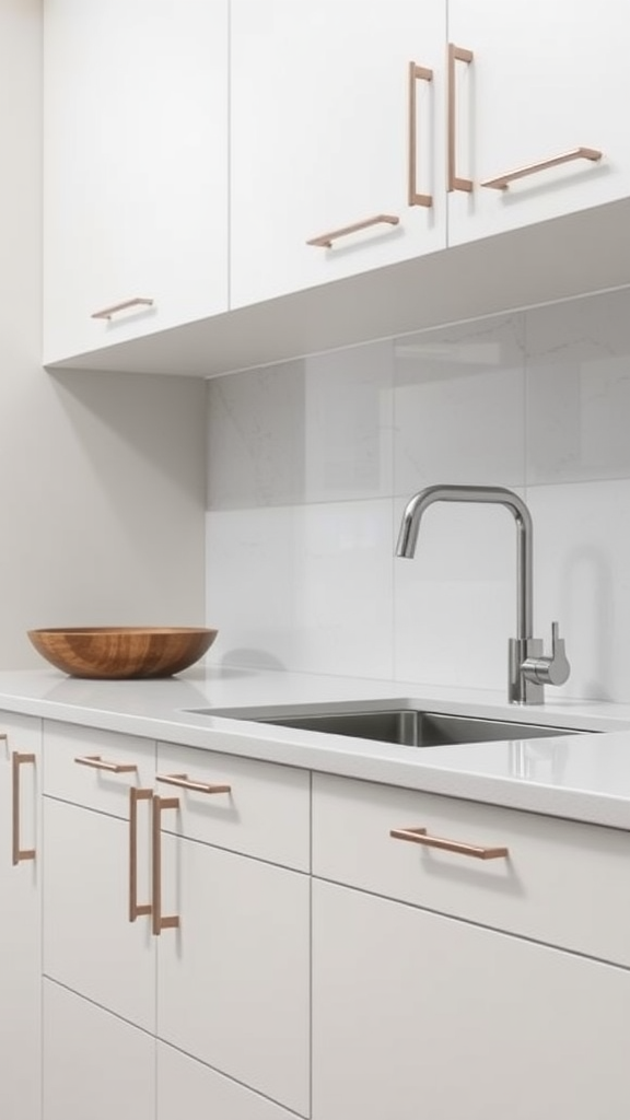 A minimalist kitchen with white cabinets and gold hardware.