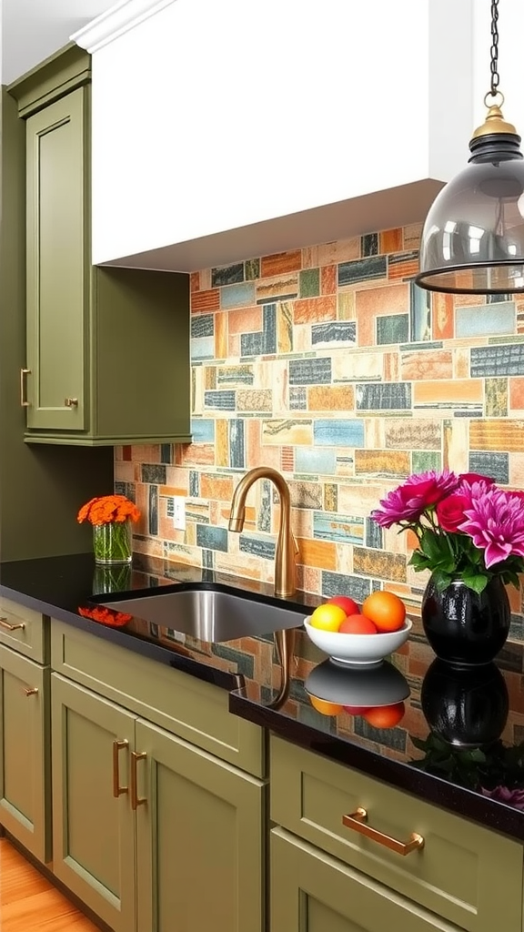 Olive green kitchen cabinets with colorful tiled backsplash and black countertops.