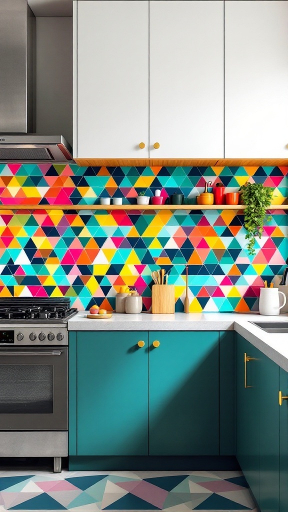 Colorful triangular backsplash tiles in a kitchen with teal cabinets and a modern stove