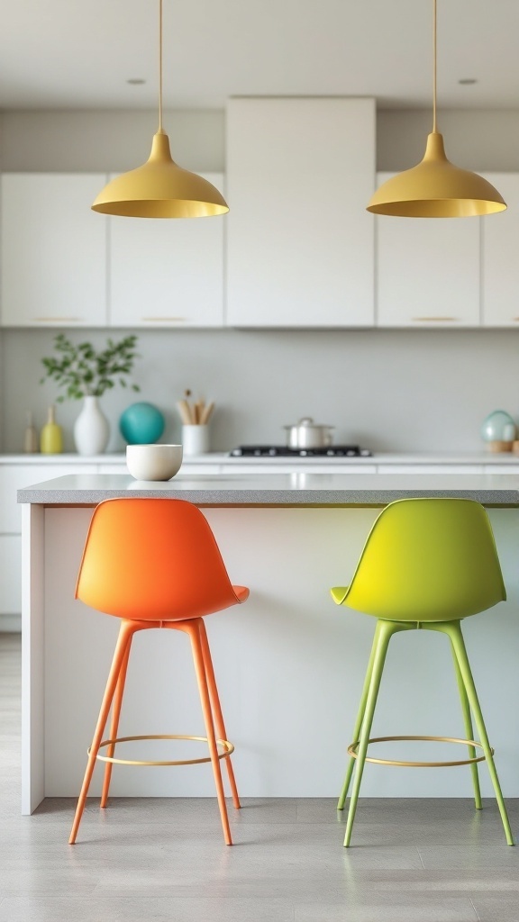 A modern kitchen featuring orange and green bar stools, with golden pendant lights and a minimalist design.