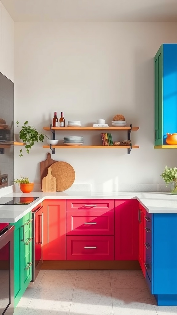 A colorful kitchen featuring red, green, and blue cabinets with white countertops and wooden shelves.