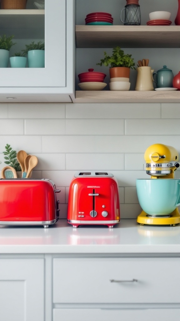 A colorful kitchen featuring a red toaster, red kettle, and a yellow mixer against a white backdrop.