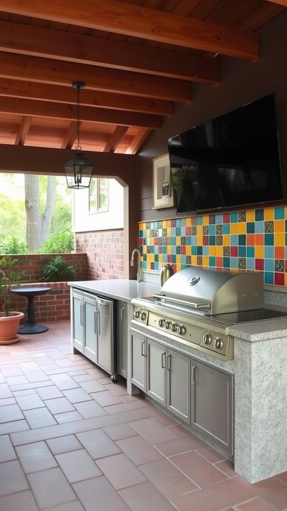 An outdoor kitchen featuring a colorful tile backsplash, stainless steel grill, and granite countertops.