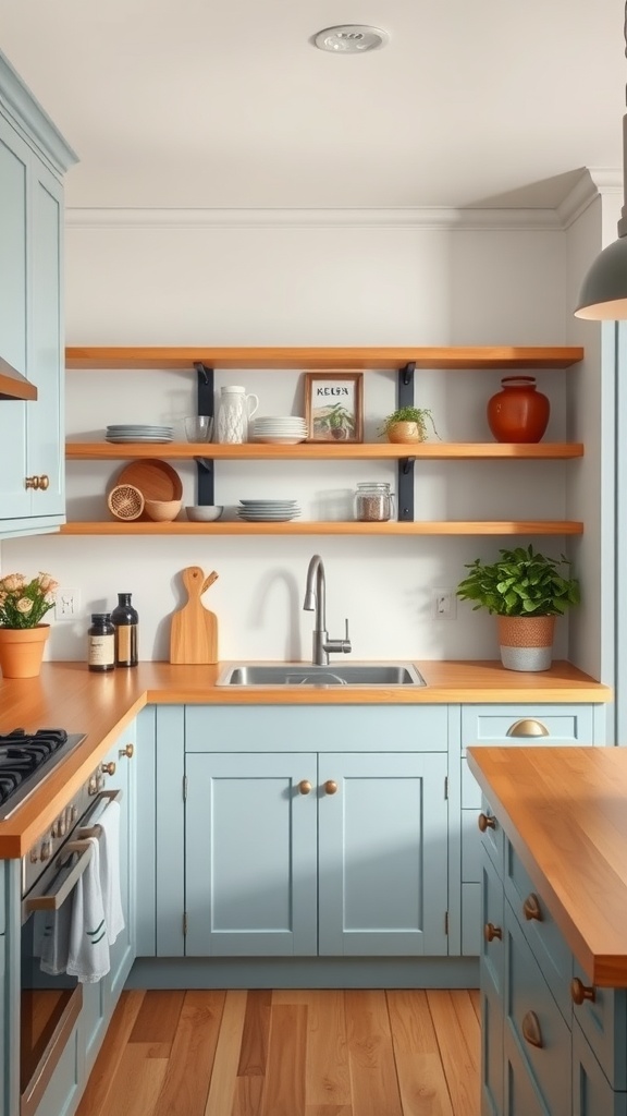 A cozy kitchen featuring light blue cabinets and natural wood accents, with wooden countertops and open shelves.