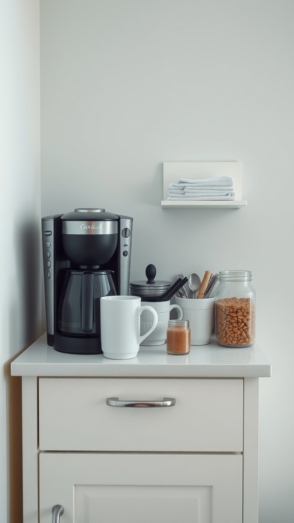 Compact coffee station on a small kitchen counter with coffee maker, mugs, and storage jars.