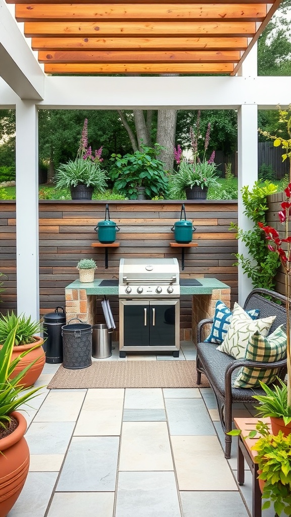 A compact outdoor kitchen area featuring a grill station, seating, and decorative plants.