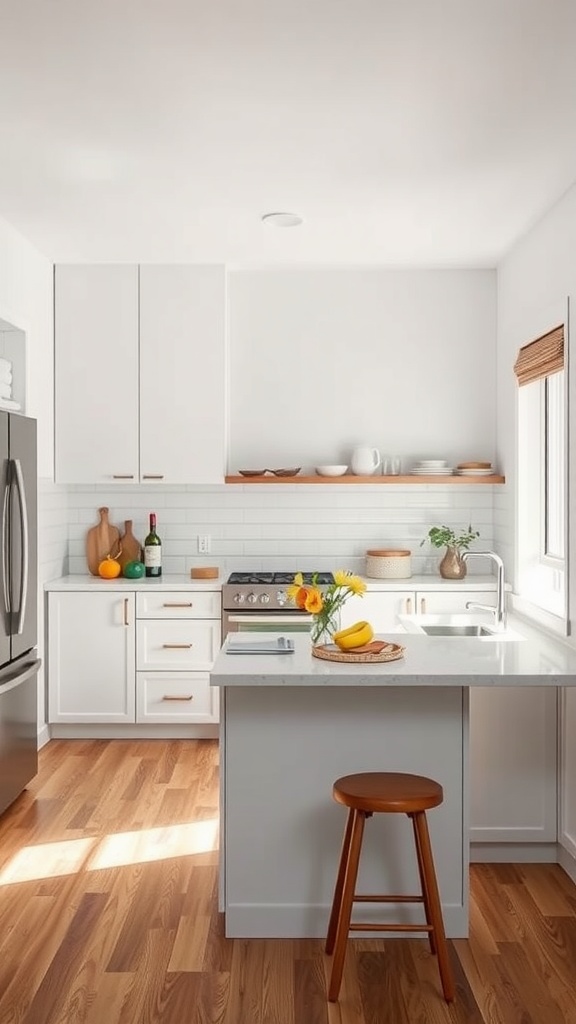 A modern minimalist kitchen featuring a compact island, wooden flooring, and natural decor elements.